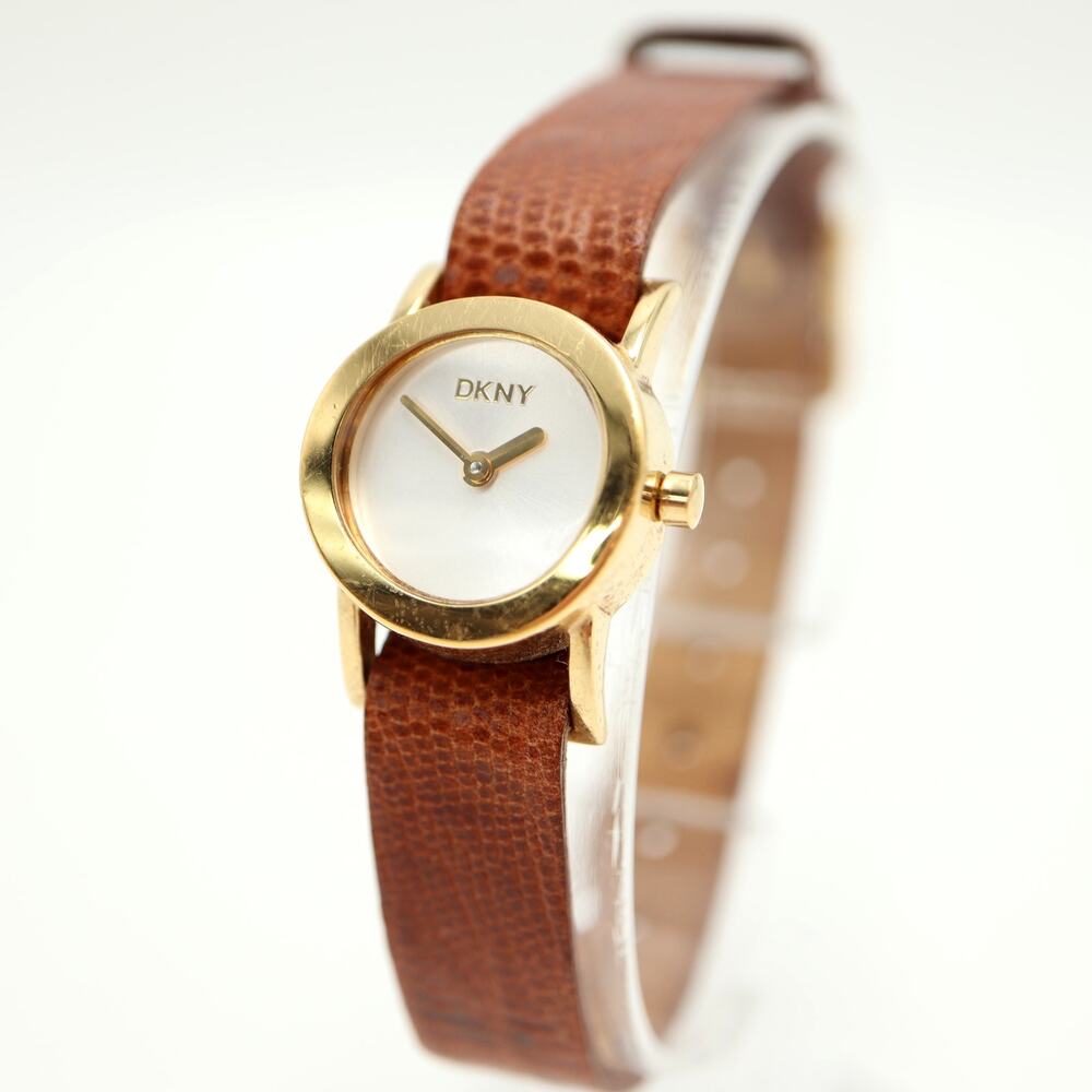 DKNY Gold Tone Round Petite 20mm Womens Watch Brown Leather with New Battery